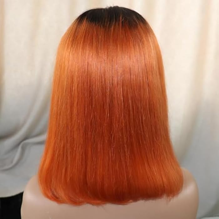 ECIF Hum an Hai Lace Wig Bob Straight HairBlonde 4x4 Free Part Lace Closure Wig Black to Orange Ombre Wig Transparent Lace Wig 1B/Orange Ombre WigS for Black Women 8 Inches (20.23 cm) - Image 2